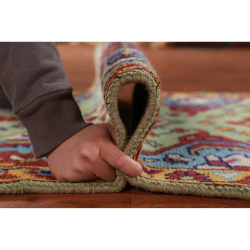 Hand Knotted Oriental 100% Wool Carpet Traditional Geometric Green Kazak Runner Rug - 9' 8'' X 2' 7''