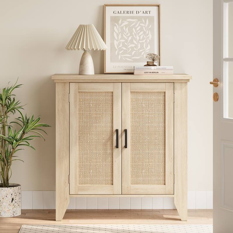 Rattan Sideboard, Small Storage Cabinet with Door and Shelf - Natural