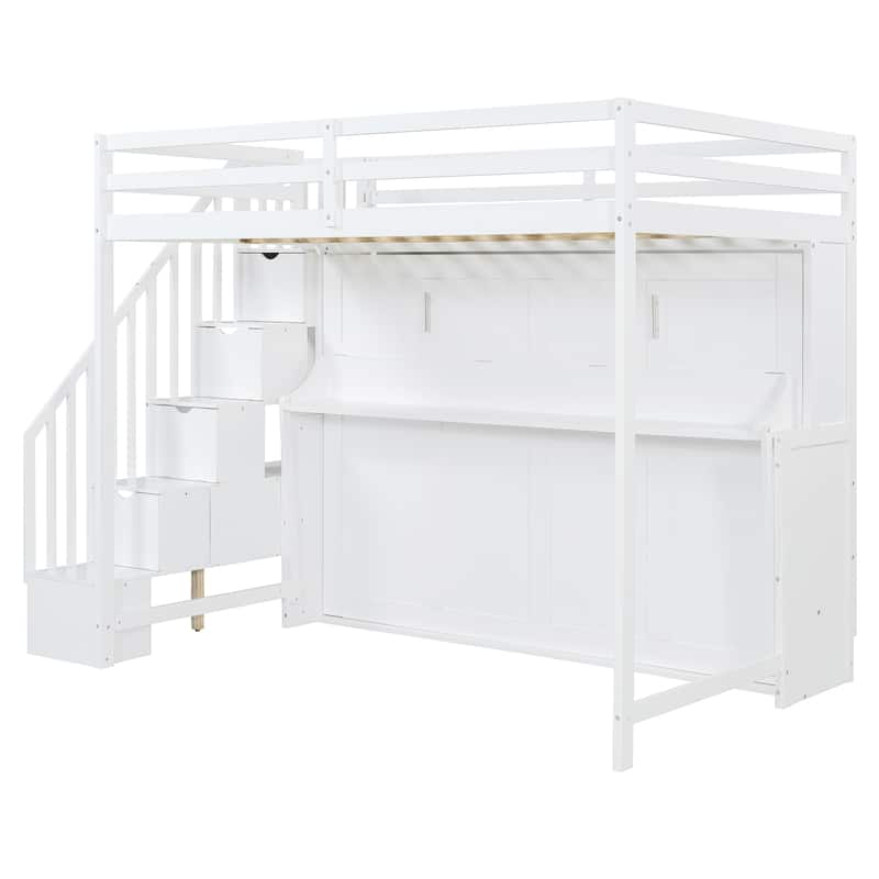 Space-Saving Full Size Murphy Bed with Hydraulic Lift and Built-In Desk, White
