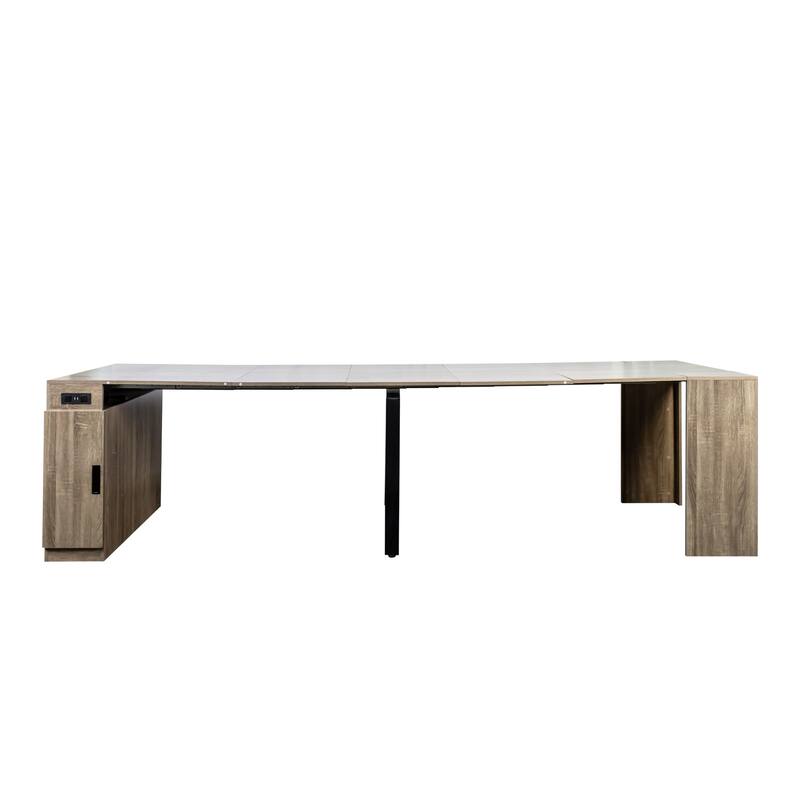 Modern Multifunctional Extendable Dining Table With Outlet,Space Saving Expanding Table With Storage