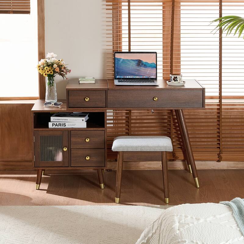 3-in-1 Vanity Desk with Lighted Flip-Top Mirror & Retractable Side Cabinet, Vanity Set with Stool & Storage Drawers