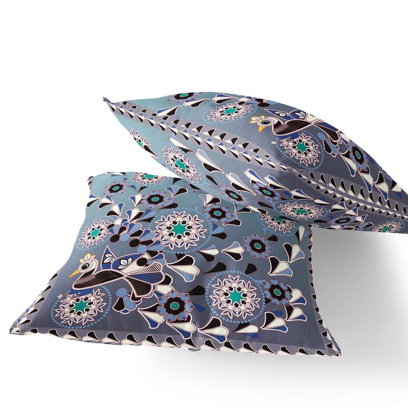 HomeRoots Set of Two 16" X 16" Blue and Purple Peacock Blown Seam Floral Indoor Outdoor Throw Pillow - 16.00' X '16.00' X '5.00