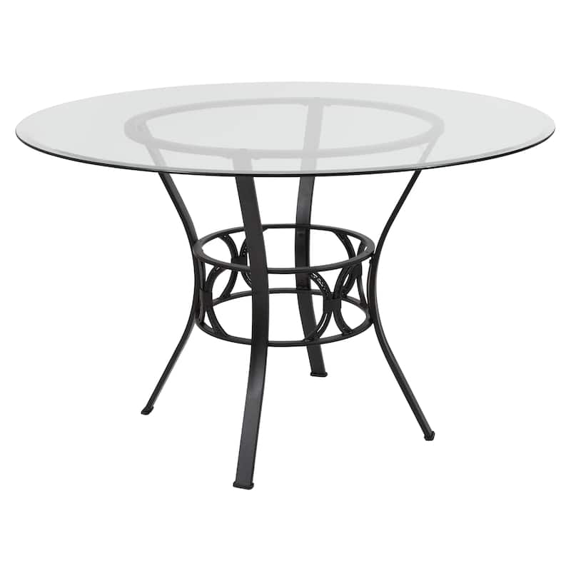 48'' Round Glass Dining Table with Crescent Style Metal Frame - 48"W x 48"D x 29.5"H - 48"W x 48"D x 29.5"H - Clear Top/ Black Frame