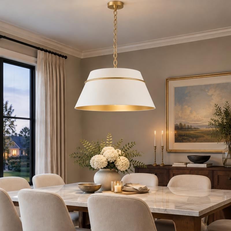 Modern Transitional 4-Light White and Gold Drum Shade Chandelier for Dining Room and Kitchen Island - Dia. 23.4" x H 9.4"