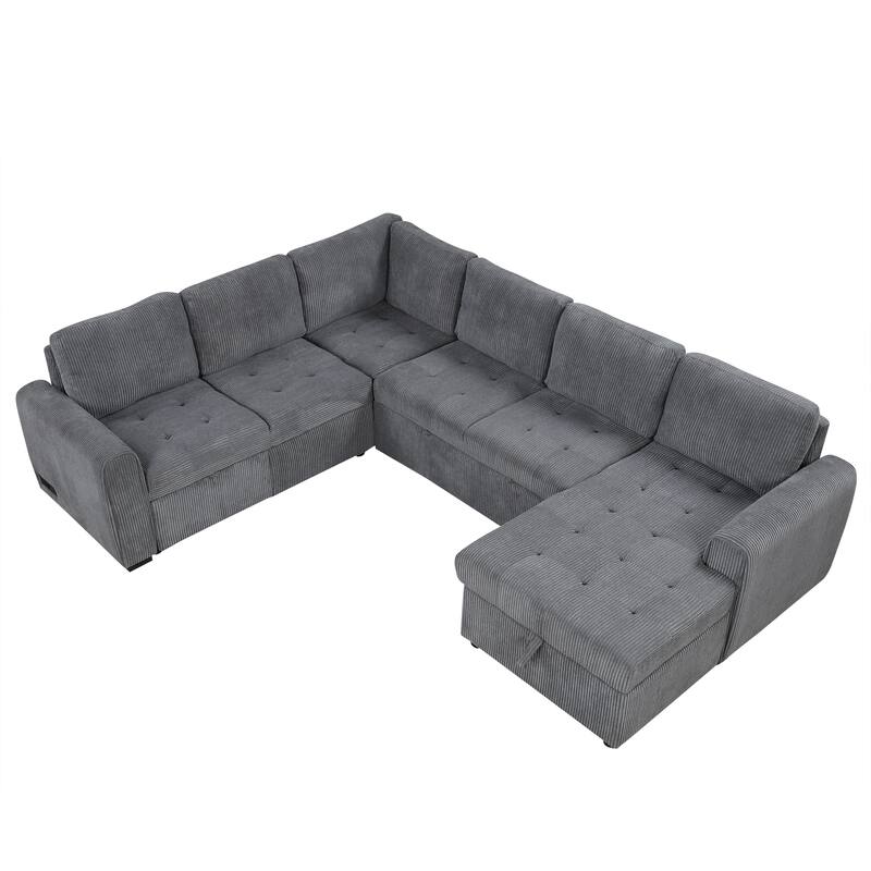 Grey 107.5" U-Shaped 5-Seater Sectional Sofa with Pull-Out Bed, Storage Chaise Lounge, USB Ports, and Power Outlets