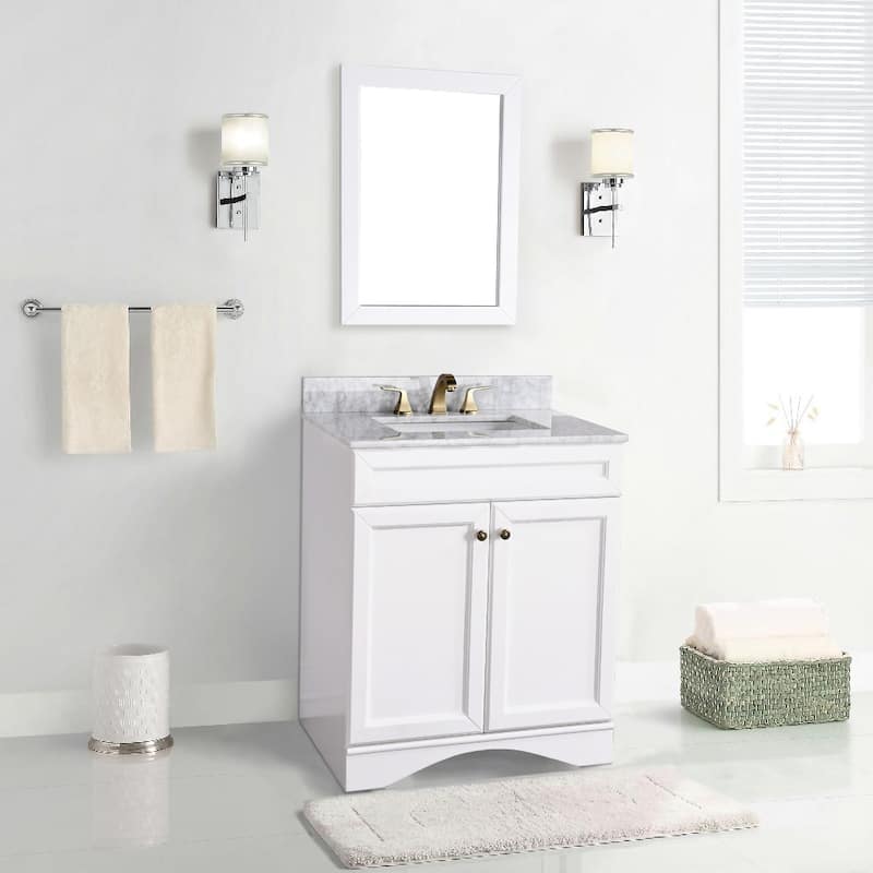 BATHLET 30 inch Bathroom Vanity Set with Carrara Marble Top Mirror - Rectangular Sink - White Base