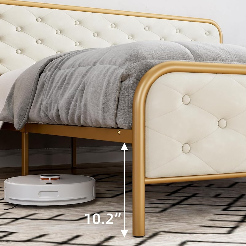 Velvet King Bed Frame with Golden Base, Curved Button Tufted Headboard, Sturdy Wood Slats, Noise-Free Platform