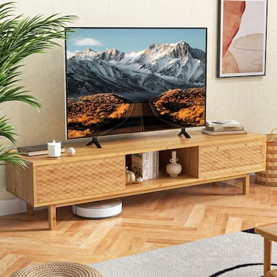 63" Bamboo TV Stand W/ 3 Storage Cubes Sliding Doors Cabinet - 62 inches