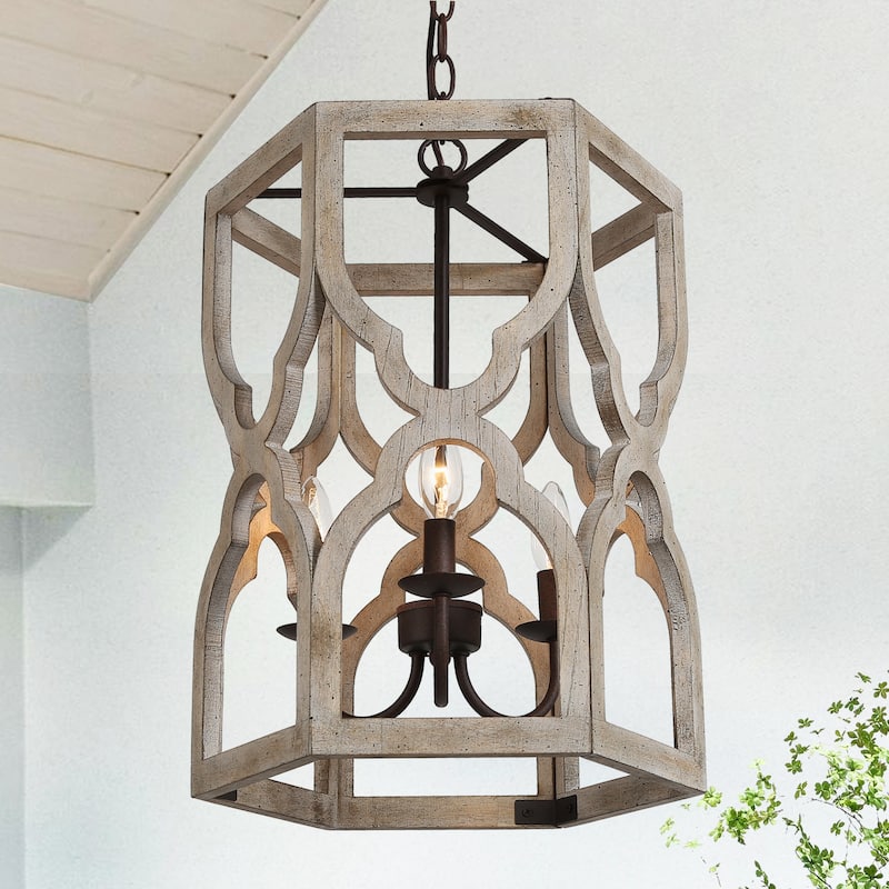 Modern Farmhouse 3-Light Wood Chandelier Rustic Kitchen Island Pendant Light - D 14"x H 20"