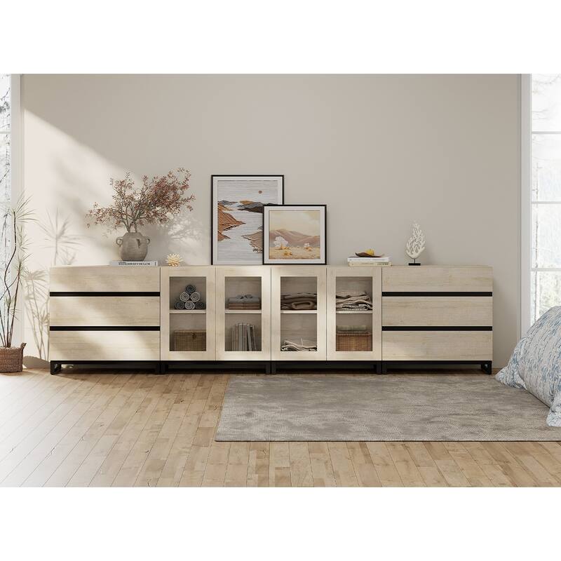 4 in 1 Modern Dresser with Glass Doors and 6 Drawers,Storage Cabinet with Adjustable Shelves, Chest of Drawers for Bedroom - Beige - 6-drawer