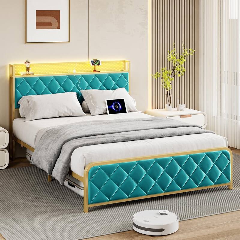 Velvet Upholstered Bed Frame with LED Light and Charging Station