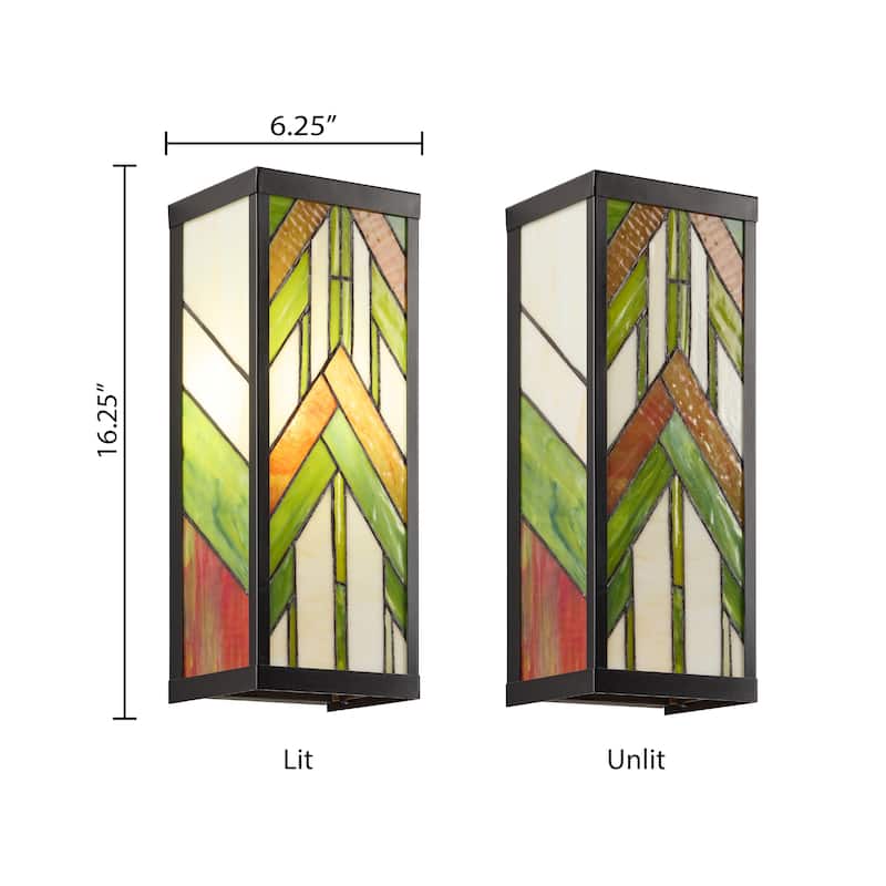 River of Goods Green Stained Glass and Black Satin Rectangular 1-Light Outdoor Wall Sconce - 6.25" x 5.5" x 16.25"