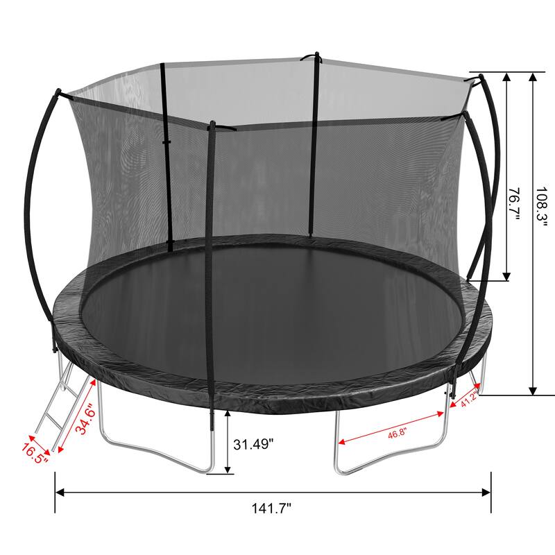 ASTM Approved Trampoline - Safety Enclosure, Ladder, Outdoor Recreational Use - Black - 143.7