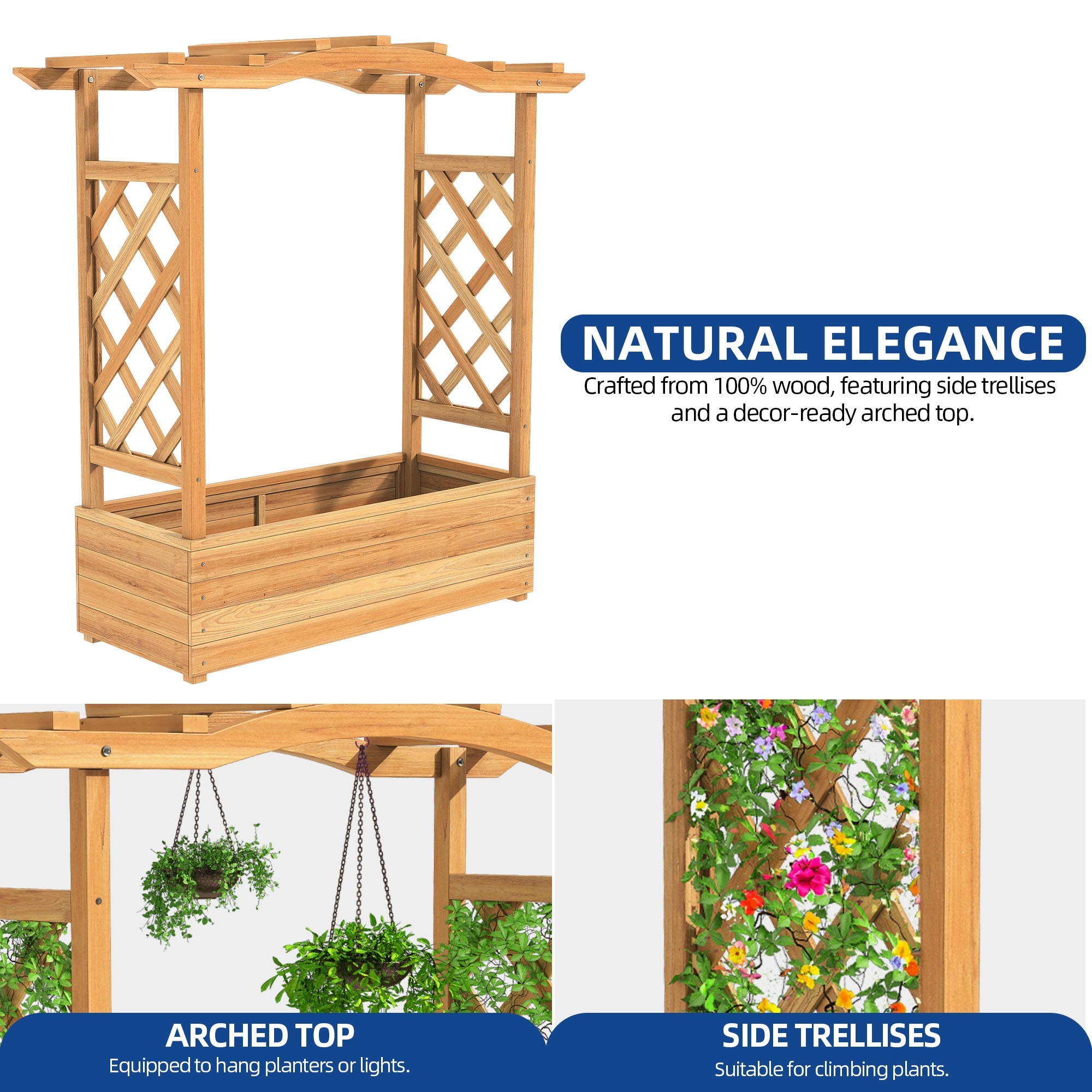 Moasis Outdoor Wood Planter Box with Arch Trellis