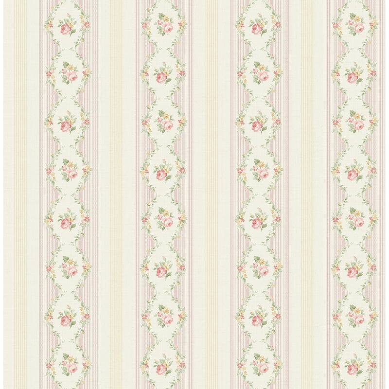 Seabrook Designs Zelda Bouquet Stripe Unpasted Wallpaper - 20.5 in. W x 33 ft. L - Metallic Buttercup & Blush