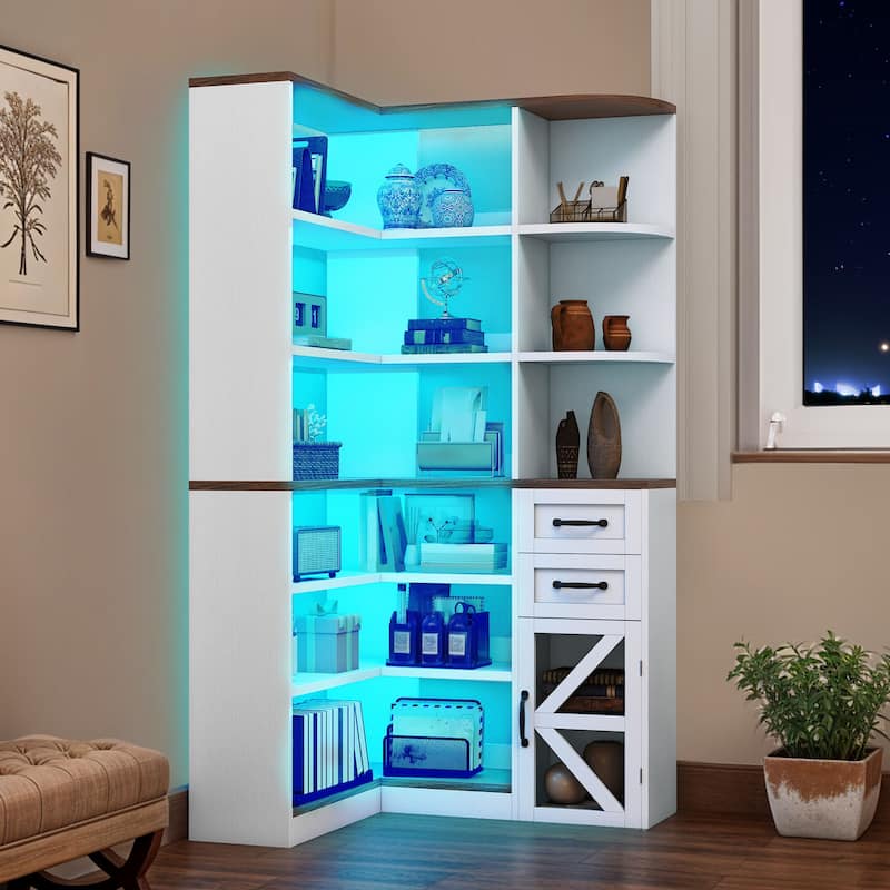 Moasis Modern LED Corner Bookshelf Fluted Bookcase with Drawers for Living Room - Walnut/White - 71"H