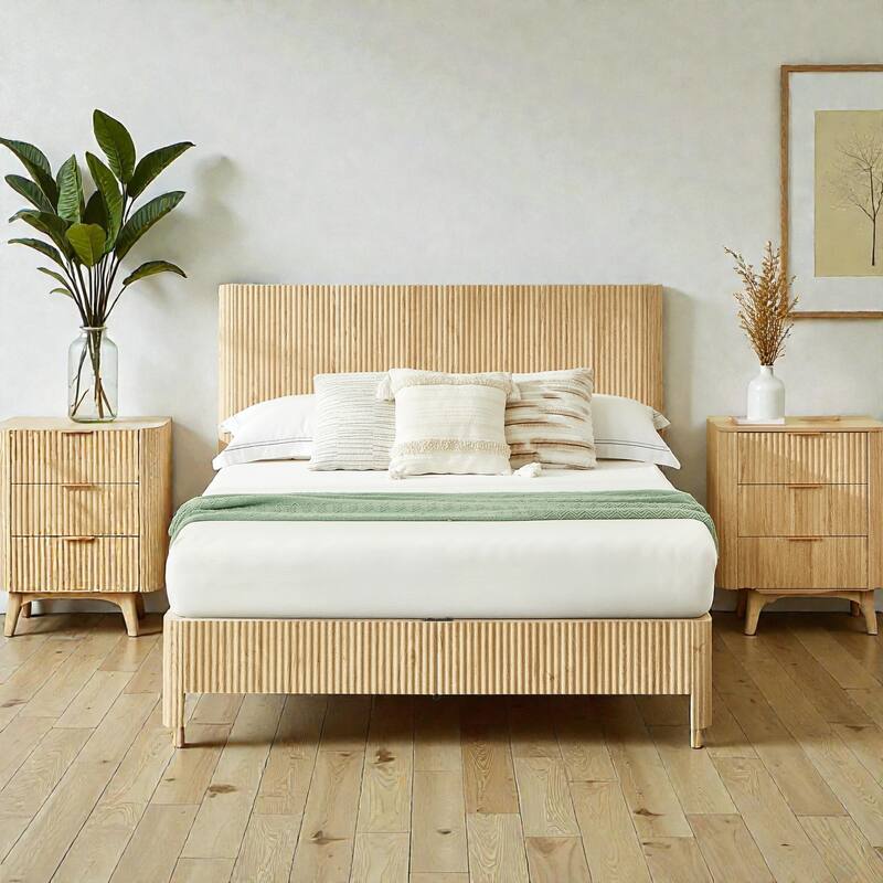 Wood Bed Frame with Corrugated Curved Wood Panels, Heavy Duty Metal Support, No Box Spring Needed