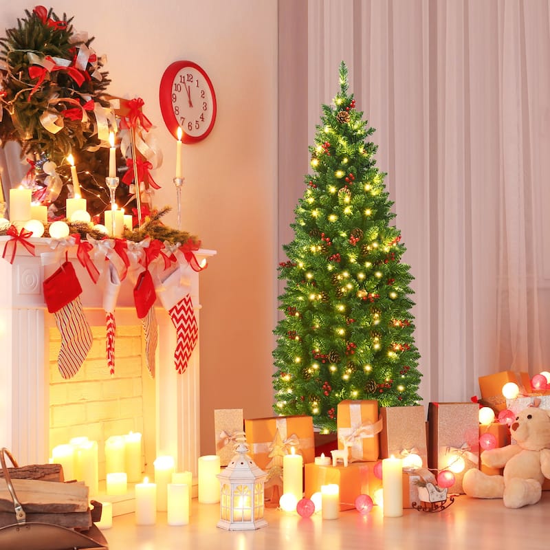 Gymax 4.5Ft Pre-Lit Pencil Christmas Tree Hinged Artificial Slim Tree - See Details