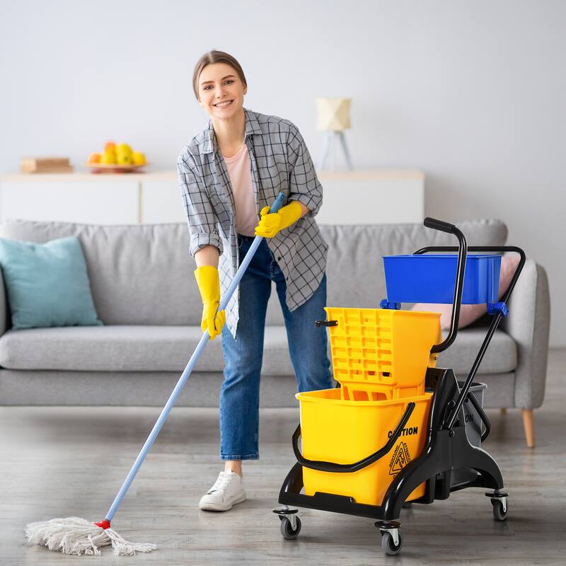 Mop Water Bucket Wringer Cart with Easy to Use Side Press Wringer, Smooth Wheels, Mop-Handle Holder