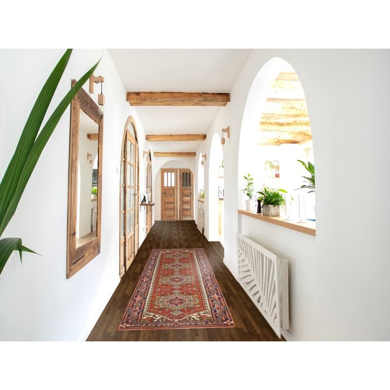 Hand Knotted Oriental 100% Wool Carpet Traditional Geometric Oranges & Rust Heriz (serapi) Runner Rug - 10' 0'' X 2' 6''