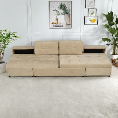 121.2" Chenille Modular Sofa Bed with Two Storage Racks, Free-Combined Design, and Smooth-Rolling Wheels