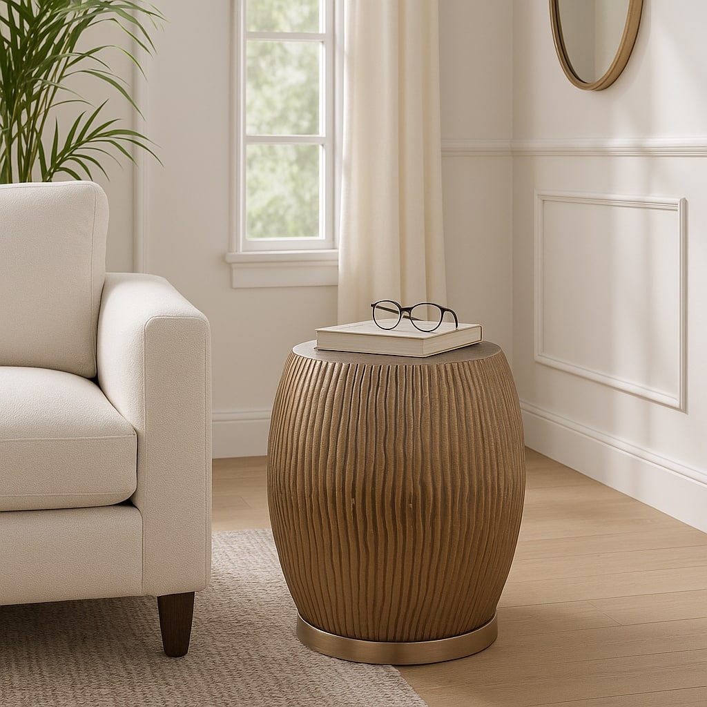 Modern Ribbed Drum Side Table with Round Metallic Finish Accent - 19", Gold