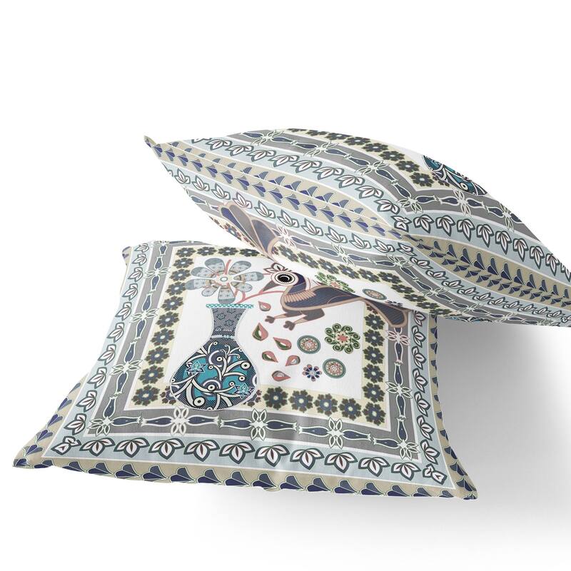 HomeRoots Set of Two 16" X 16" Gray and White Peacock Blown Seam Floral Indoor Outdoor Throw Pillow - 16.00' X '16.00' X '5.00