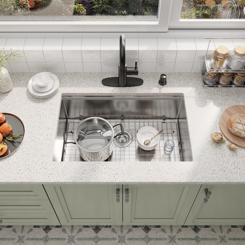 Nano Brushed Stainless Steel Undermount Workstation Kitchen Sink with Touchless Pull-Down Kitchen Faucet and Accessories