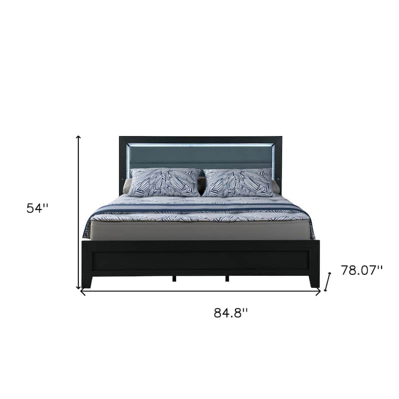 HomeRoots Black and Gray Wood And Velvet Lighted King Bed Frame