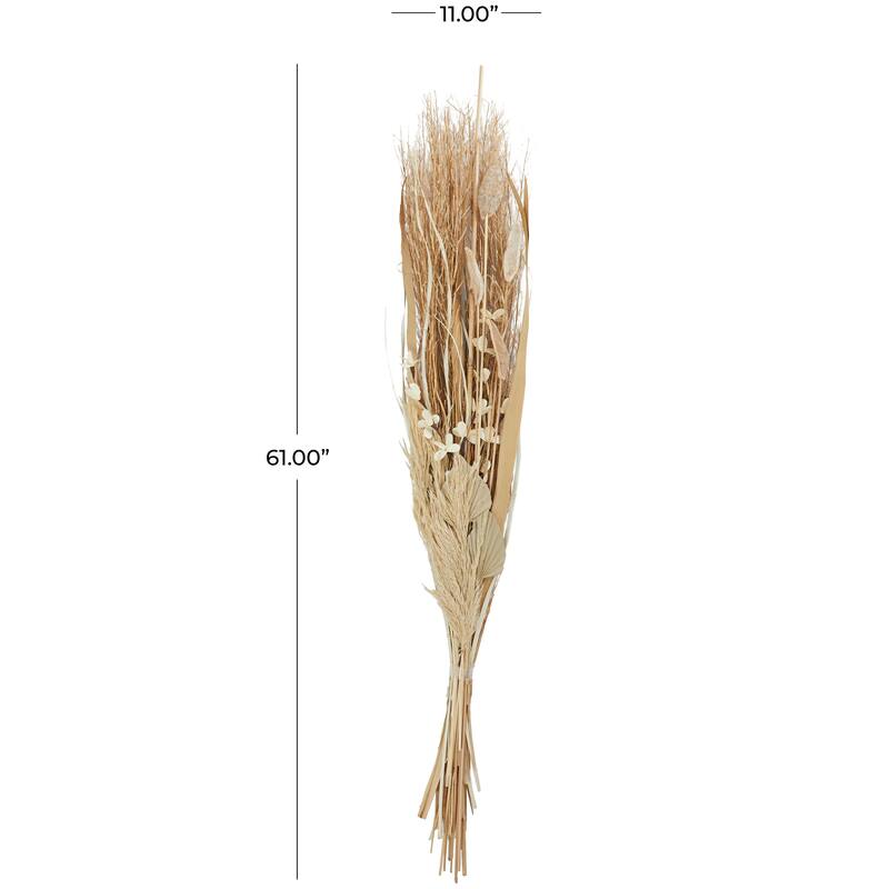 Beige Dried Plant Handmade Tall Floral Bouquet Branch Natural Foliage with Grass Stems and Palm Leaf Accents