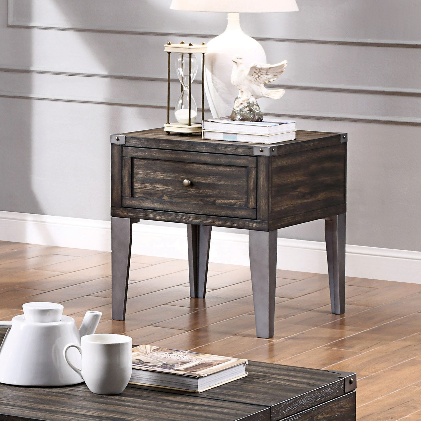 Furniture of America Sete Industrial Oak 25-inch Solid Wood 1-Drawer Side Table