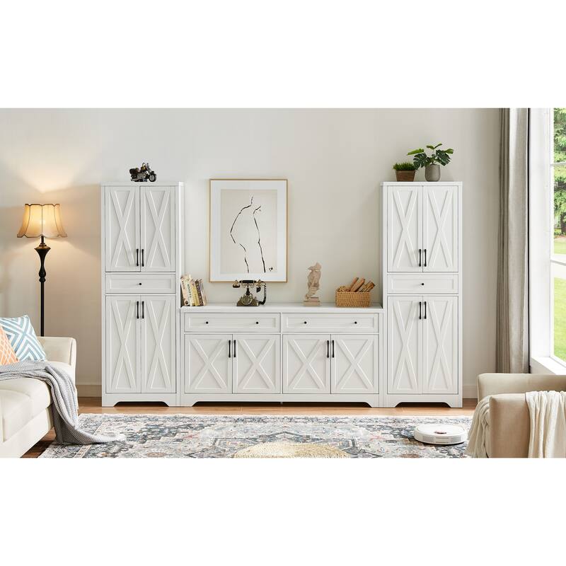 TV Cabinet Set Multifunctional TV Wall, One TV Cabinet and Two Sideboards for Living Room, White, 108.7''L x 15''W x 68''H