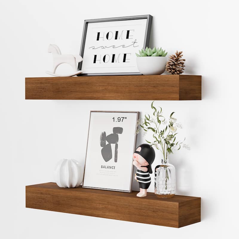 Set of 4 Wooden Floating Wall Shelves for Bathroom, Kitchen, Living Room - Walnut - 16.14"-Wood