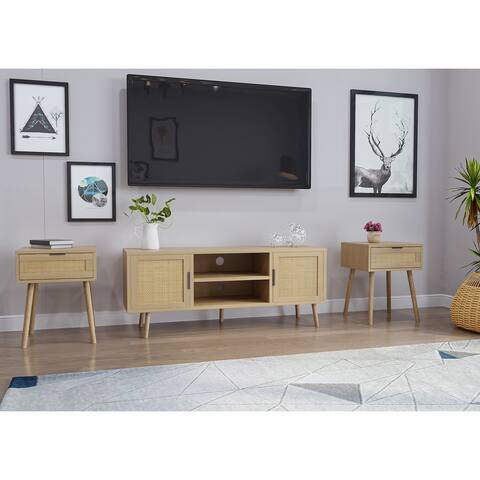 Madison BoHo Coastal Rattan Wicker Woven TV Stand & 2 End Table Set