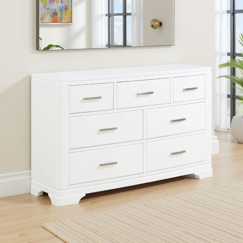 Hudy 56 Inch Dresser, 7 Drawers w Metal Handles, White Birch Veneer