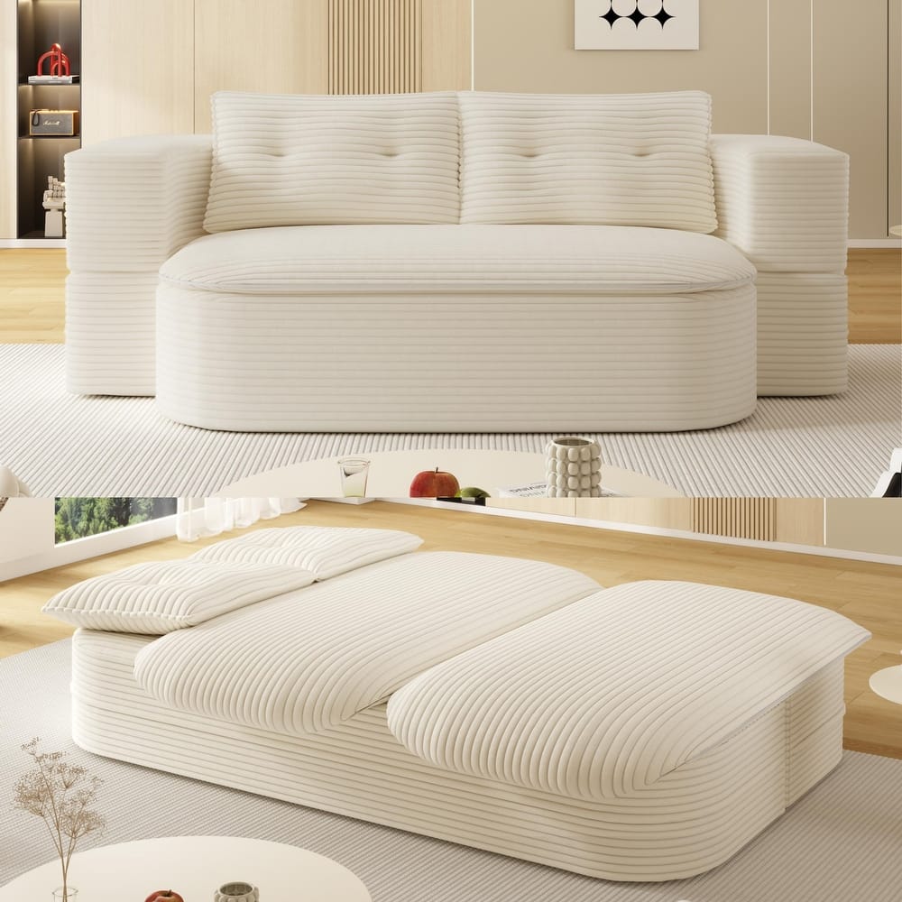 78.7" Modern Convertible Corduroy Sofa Bed with 2 Pillows, Floor Deep Seat Sleeper Couch, Foldable 2-in-1 Sofa for Living Room