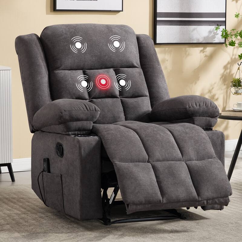 Ebello Manual Recliner Chair with Massage and Heat, Fabric Recliner with Cup Holders & Storage Pockets, Lounger for Living Room