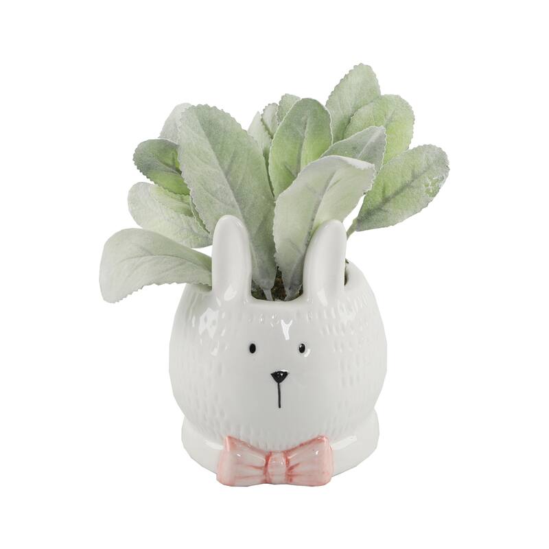 4" Lamb'S Ear Ceramic Bunny With Pink Bow