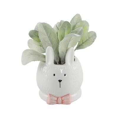 4" Lamb'S Ear Ceramic Bunny With Pink Bow