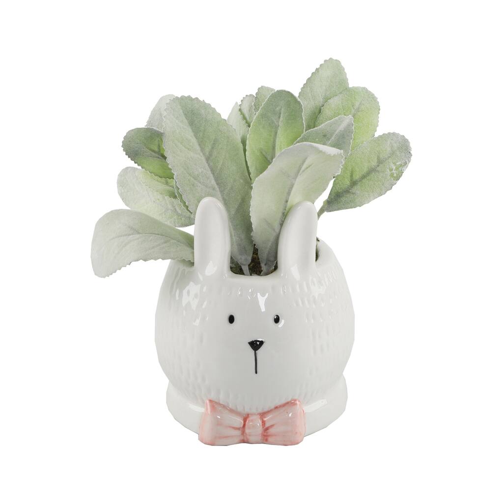 4" Lamb'S Ear Ceramic Bunny With Pink Bow