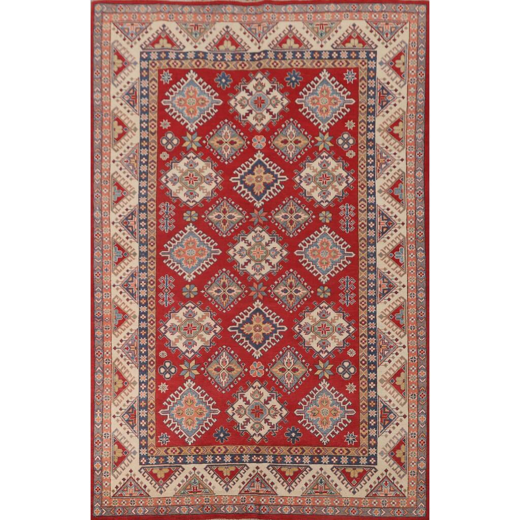 Geometric Kazak Area Rug Hand-Knotted Red Wool Carpet - 6'5" x 9'10"