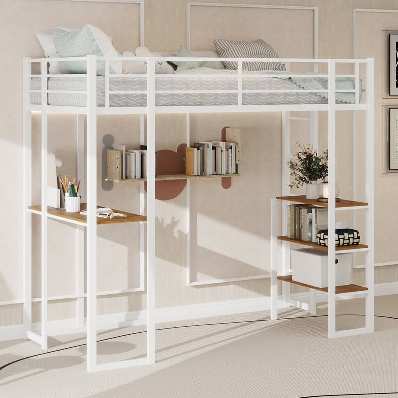 Iron frame bed with bed and table with stairs on both sides