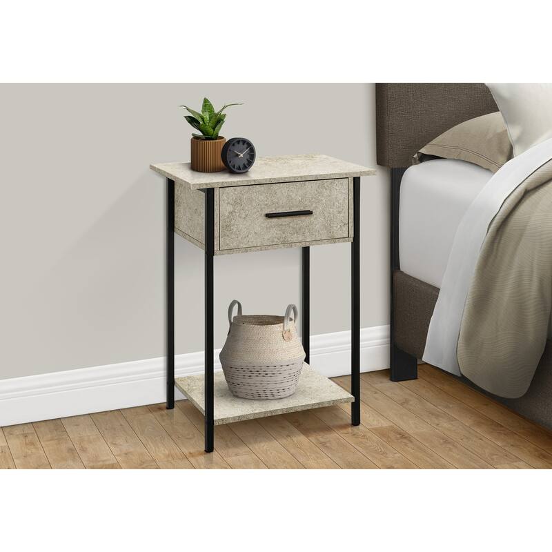 Accent Table, 2 Tier, End, Lamp, Living Room, Side Table, Storage Drawer, Small, Cream Stone Laminate, Black Metal, Contemporary