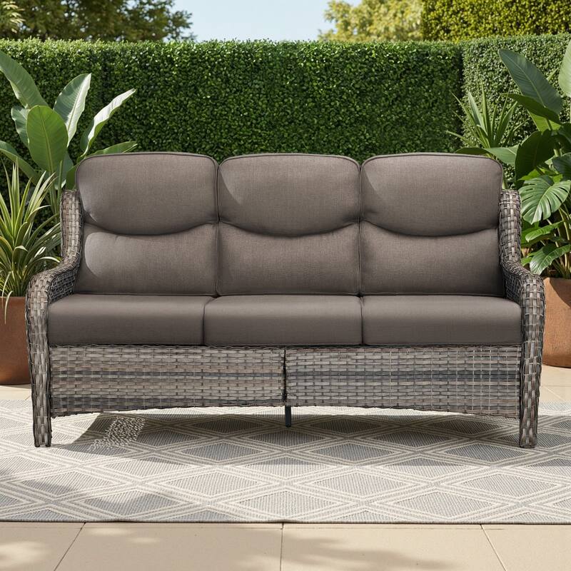 Meyreso Handwoven Wicker Outdoor Patio 3-Seat Sofa with 5-Inch Thick Cushions