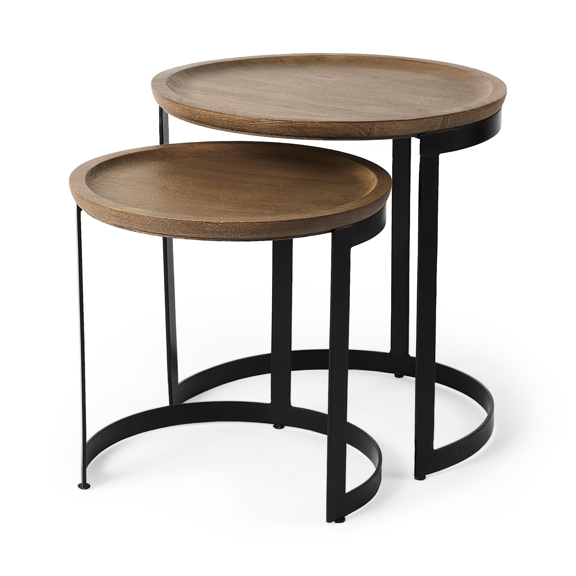 Mercana Aisley Light Brown Solid Wood w/ Black Iron Base Round Nesting Side Tables - 19.3L x 19.3W x 19.0H