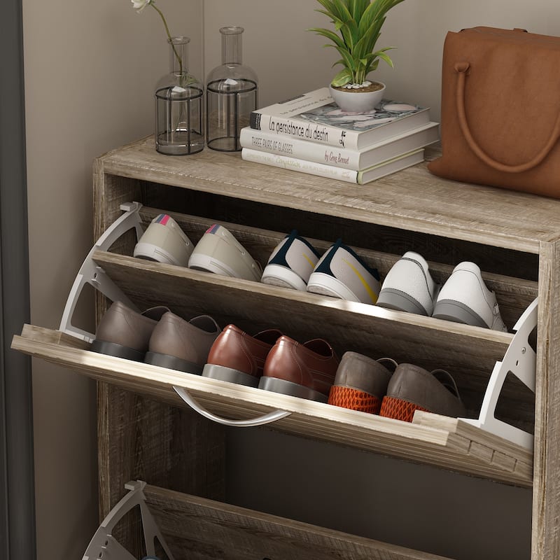 Timechee 8 Pair Shoe Storage Cabinet with 2 Drawers, Wood Louver Door
