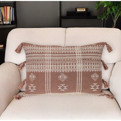 HomeRoots 14" X 20" Beige and Brown Southwestern Cotton Throw Pillow With Tassels