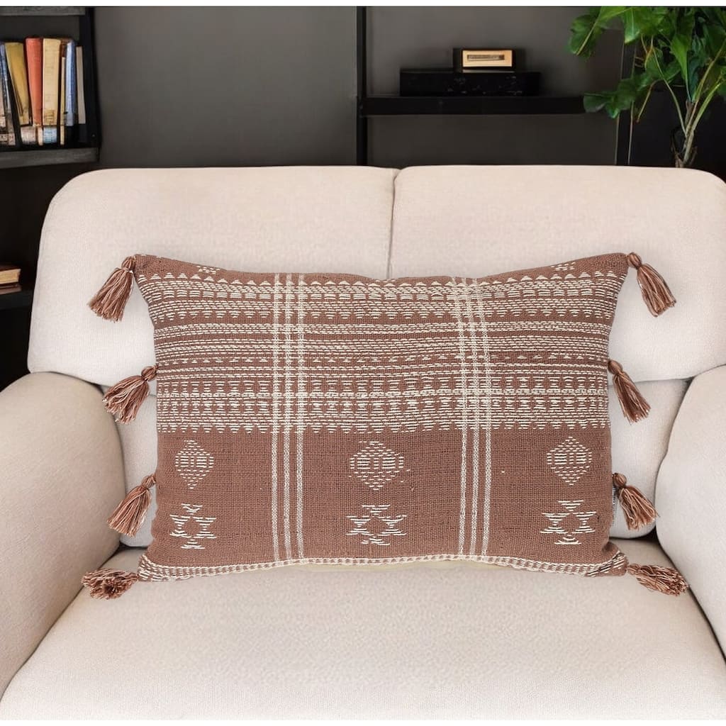 HomeRoots 14" X 20" Beige and Brown Southwestern Cotton Throw Pillow With Tassels