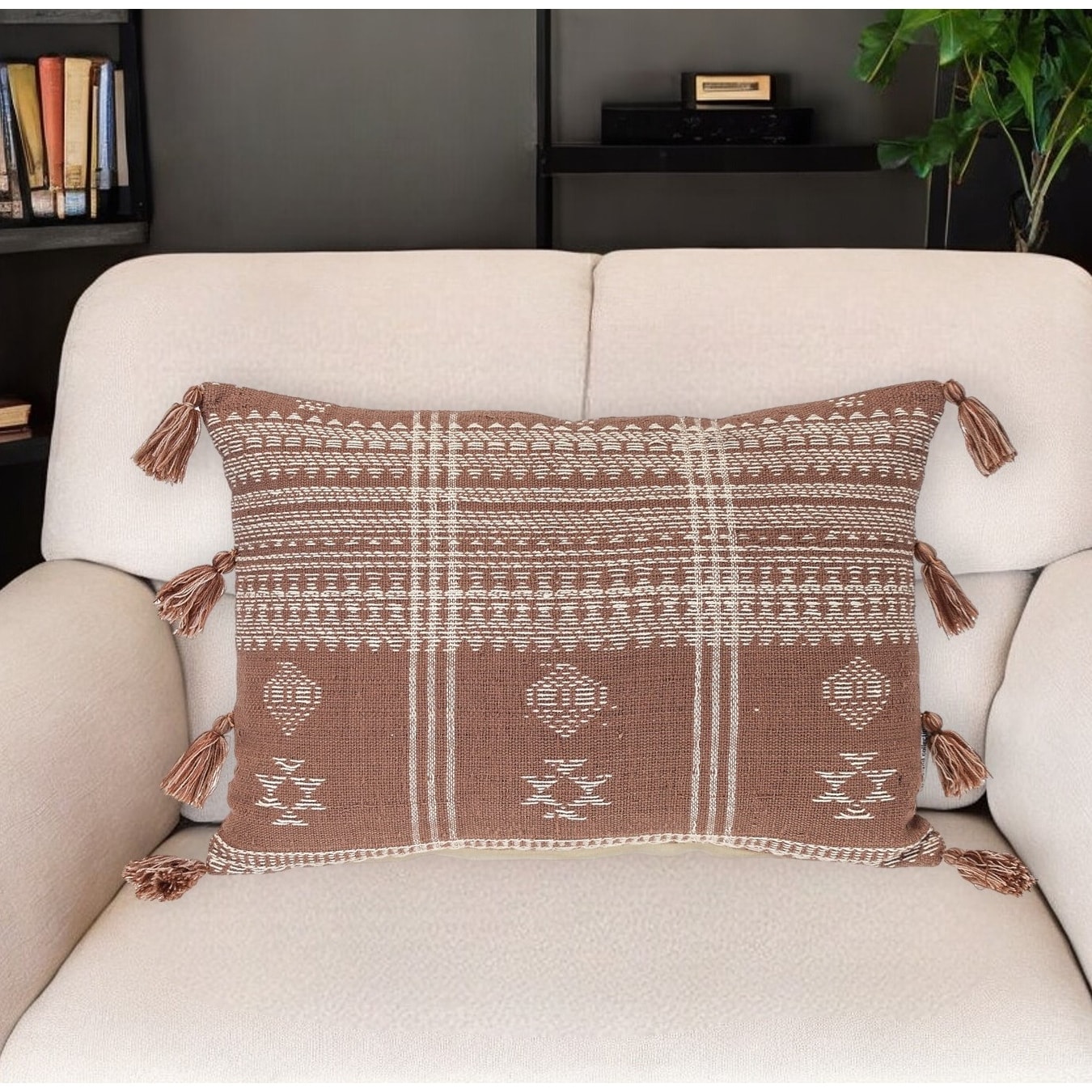 HomeRoots 14" X 20" Beige and Brown Southwestern Cotton Throw Pillow With Tassels