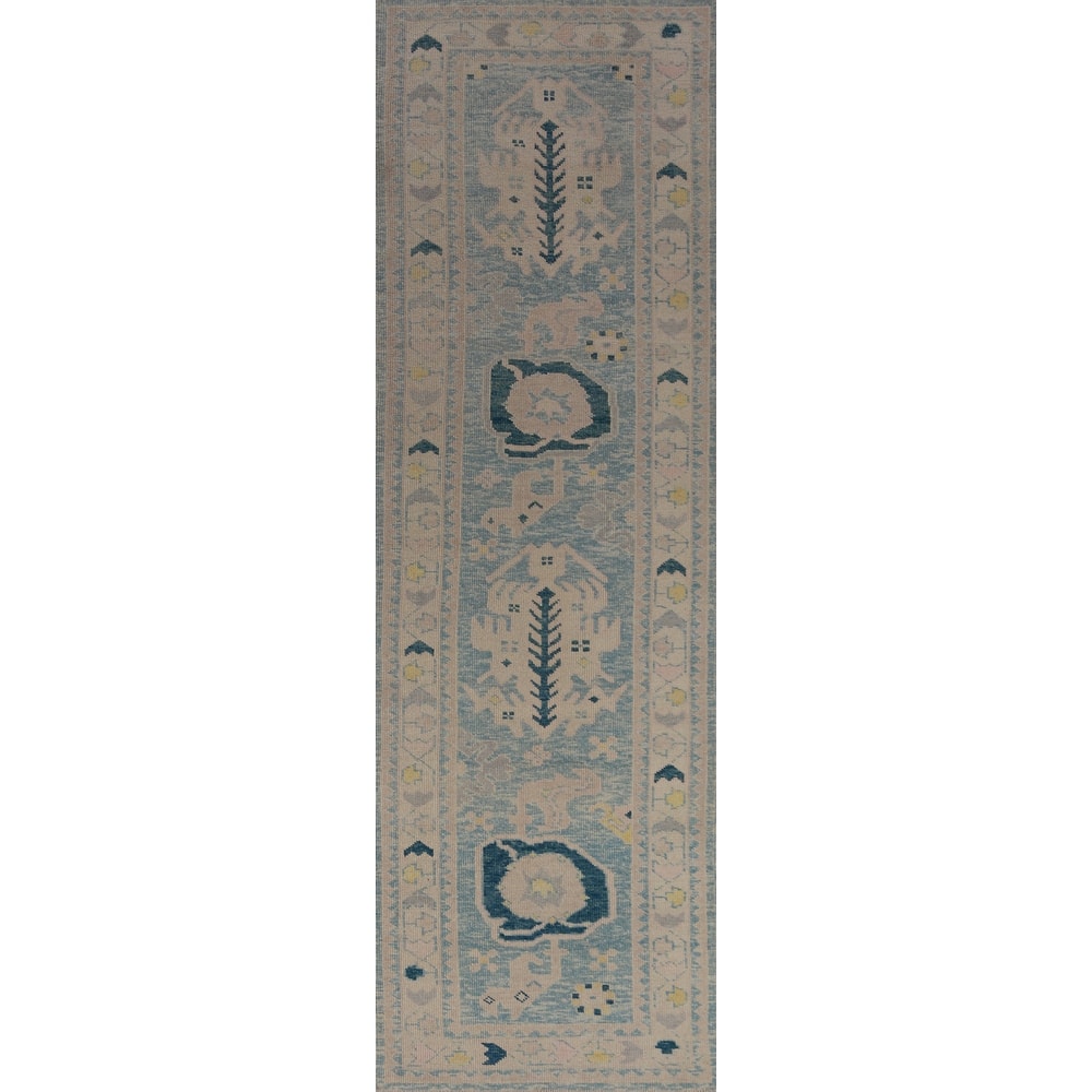Hand Knotted Oriental 100% Wool Carpet Transitional Geometric Navy Blue & Blues Oushak Runner Rug - 14' 0'' X 3' 4''
